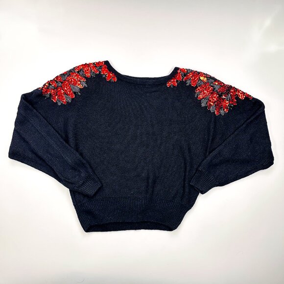 Vintage 80's Sweater Black Red Sequins Floral Dolman - Picture 5 of 7